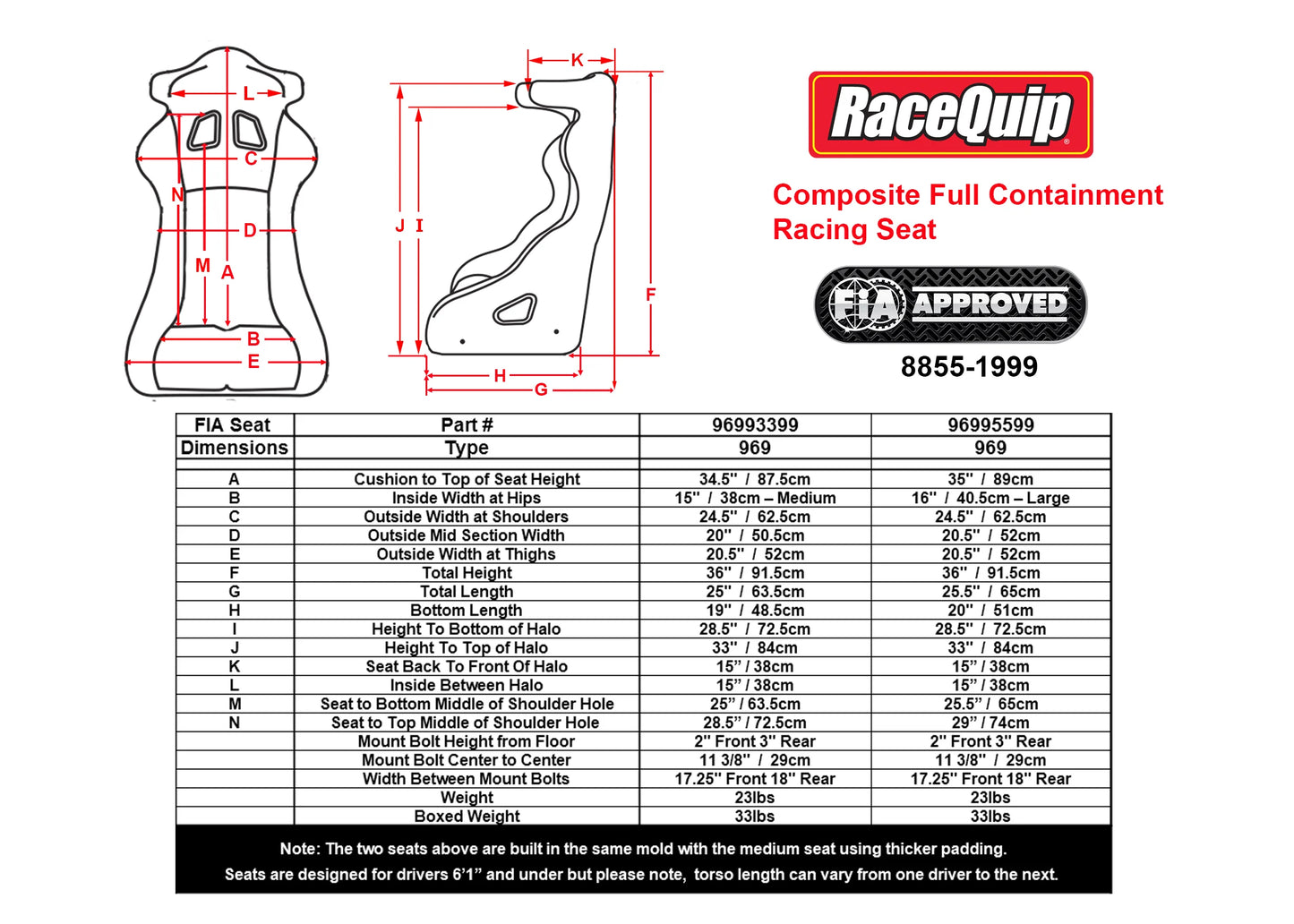RACEQUIP FIA RATED COMPOSITE FULL CONTAINMENT RACING SEAT 15” MEDIUM
